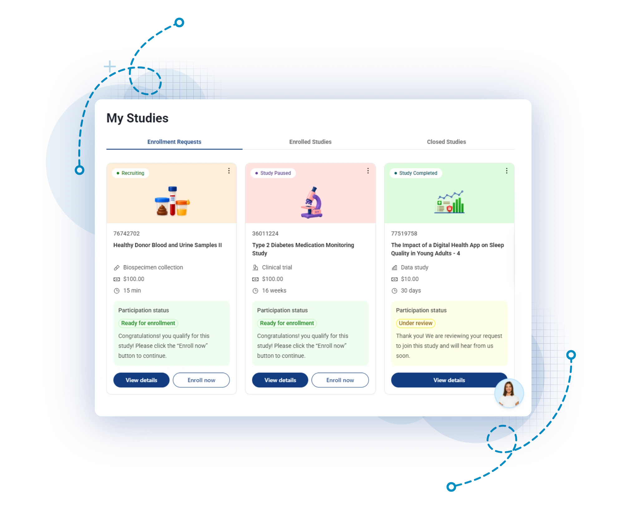 My Studies dashboard showing matched research studies