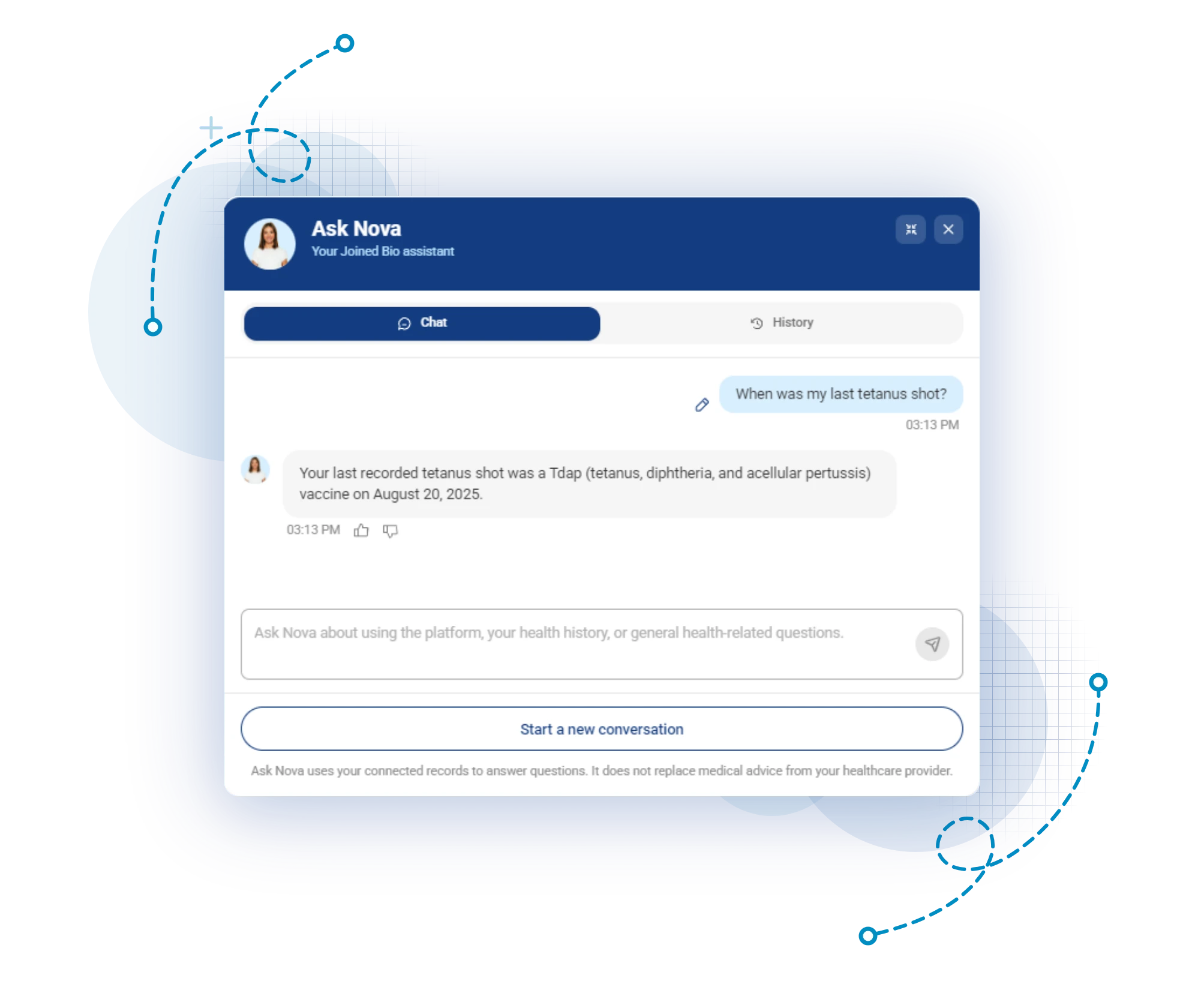 Nova, Joined Bio's AI assistant, answering a question about a tetanus vaccine